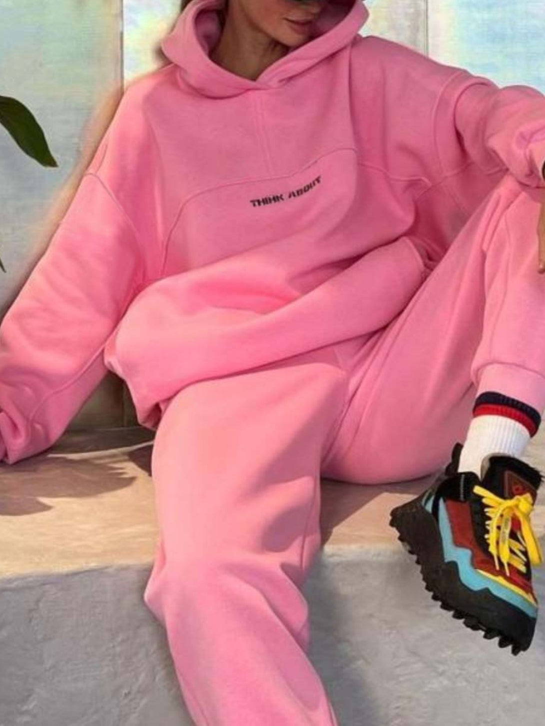 Women's Hooded Sweatshirt And Sweatpants Outfits Pink