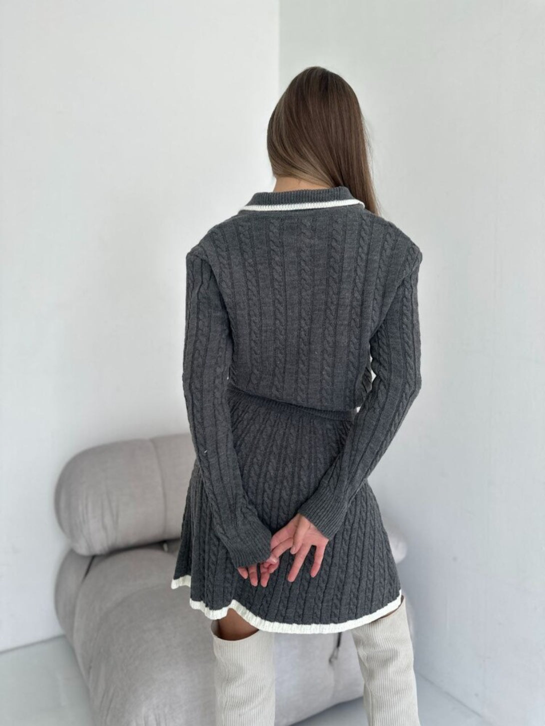 Grey long sleeved short skirt sweater set