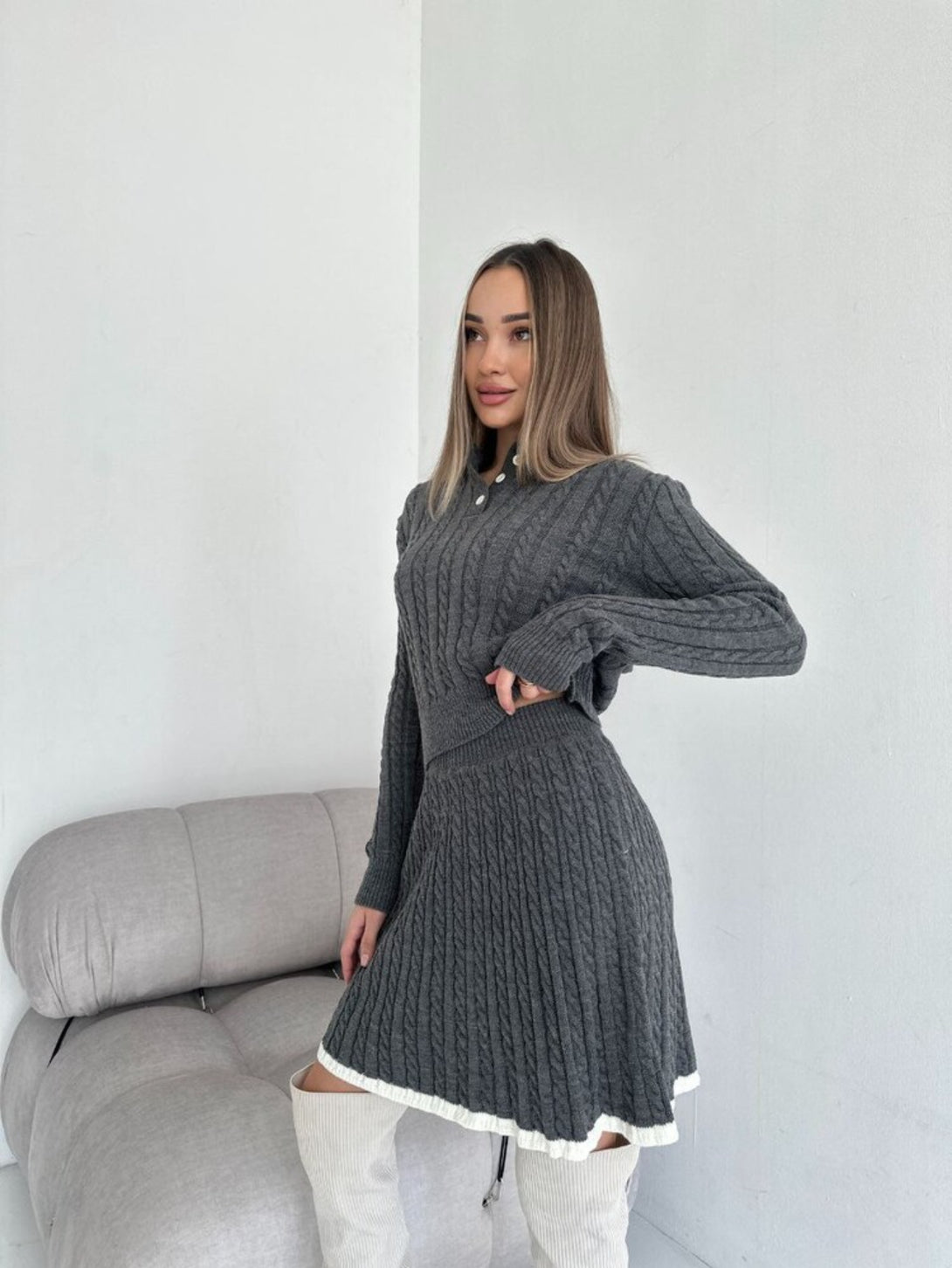 Grey long sleeved short skirt sweater set