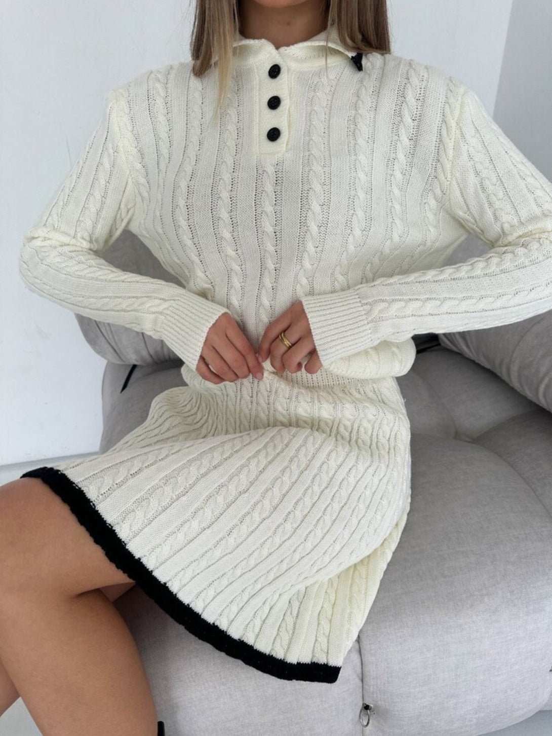 White long sleeved short skirt sweater set