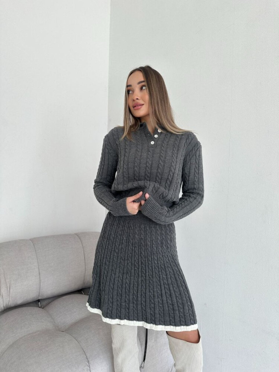 Grey long sleeved short skirt sweater set