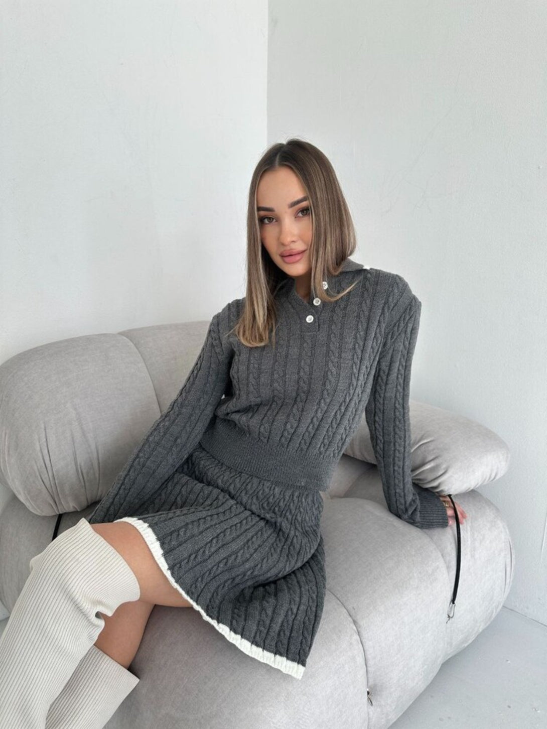 Grey long sleeved short skirt sweater set