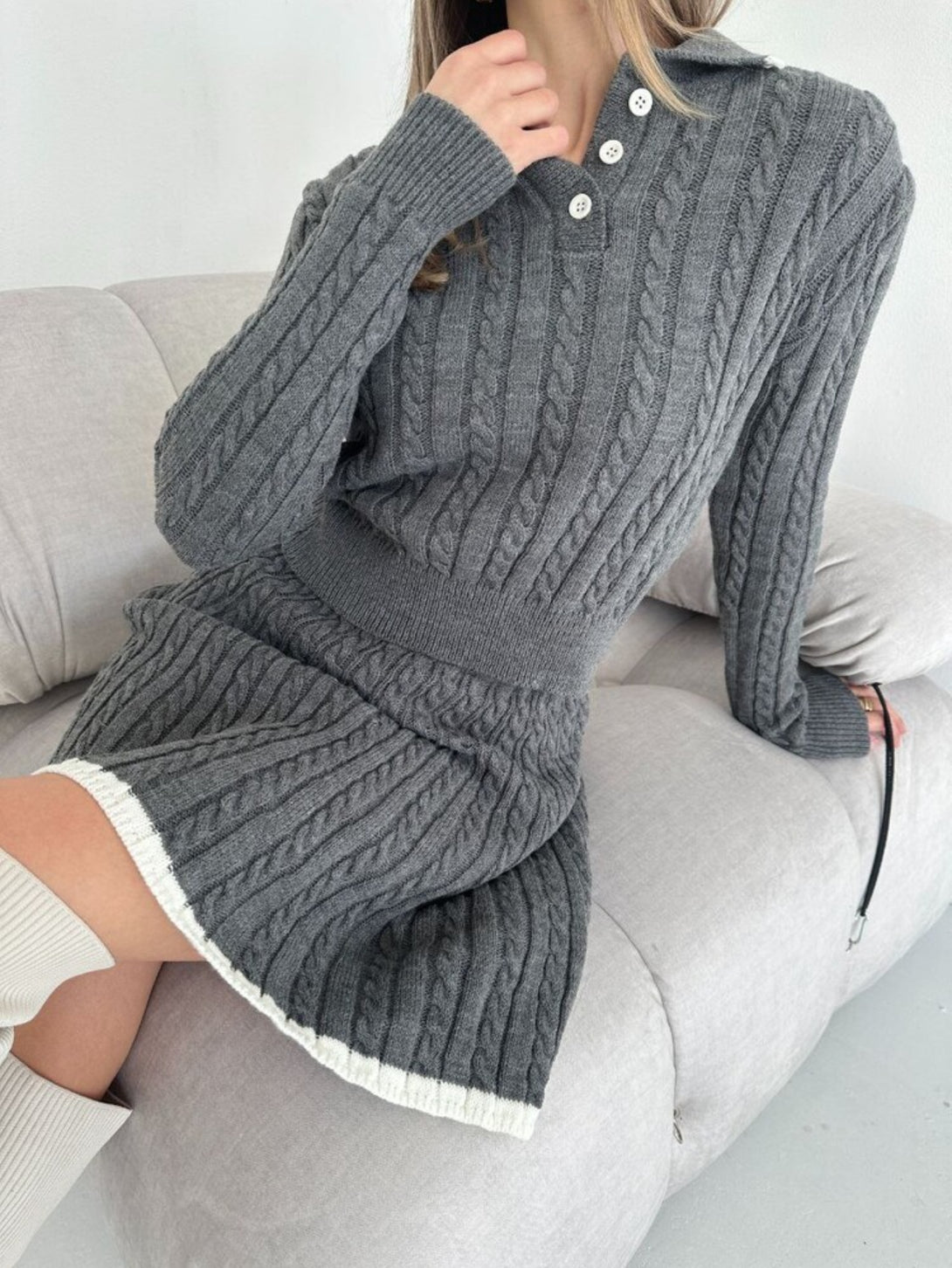 Grey long sleeved short skirt sweater set