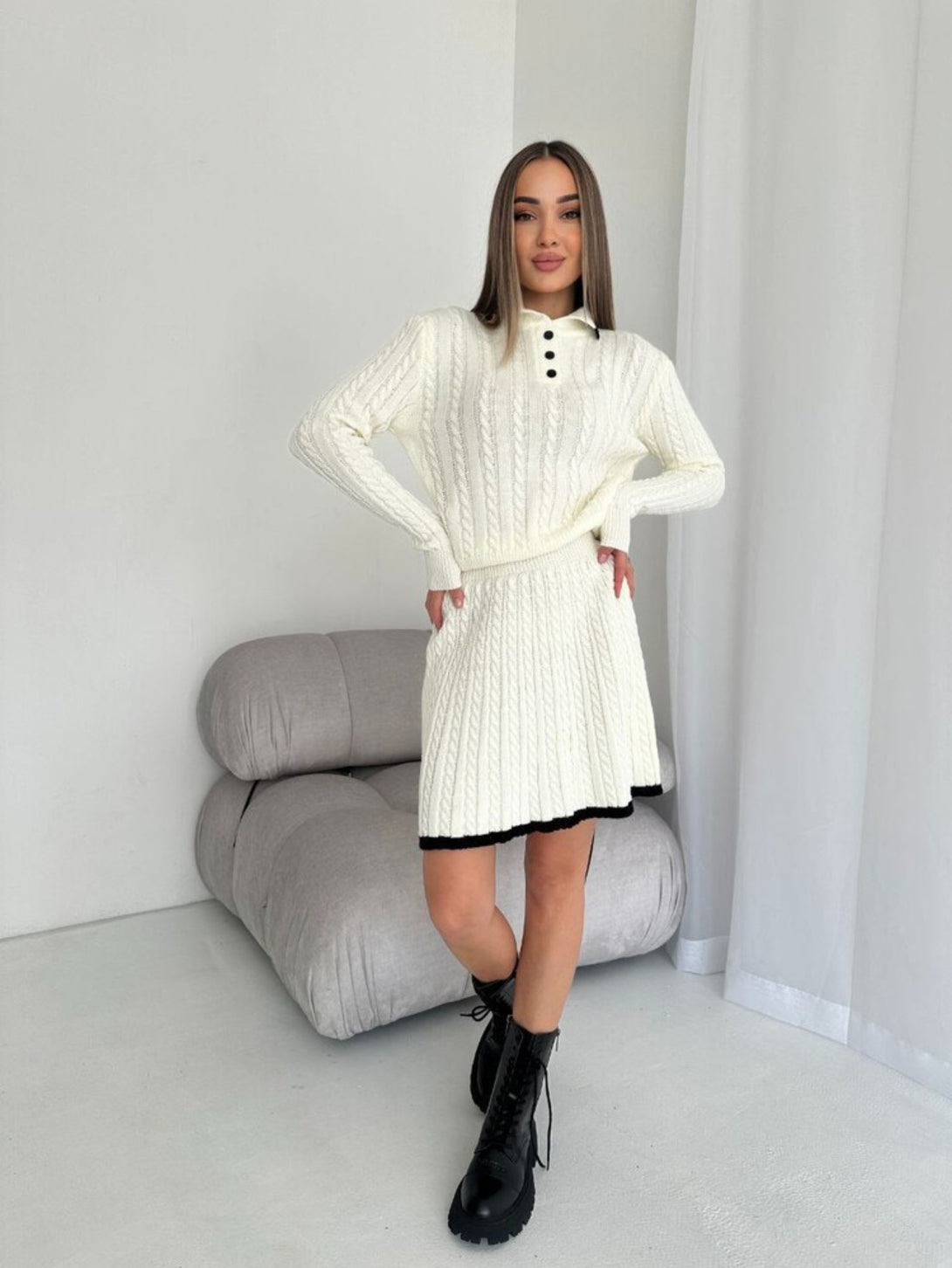 White long sleeved short skirt sweater set