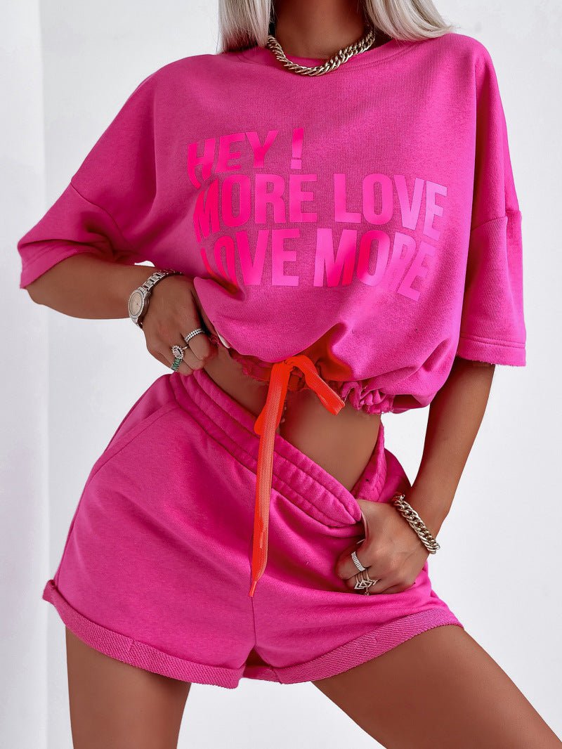 Crew Neck T-shirt And High-waisted Drawstring Shorts Suit