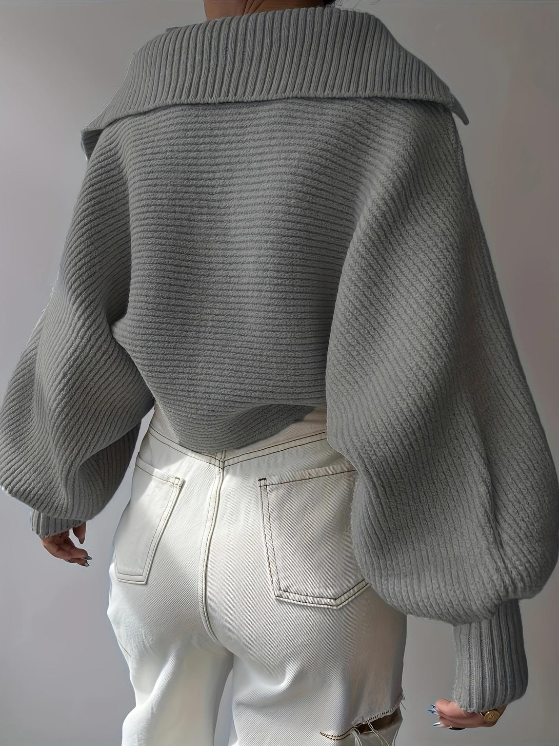 Women Tops V Neck Long Sleeve Winter Sweater Gray
