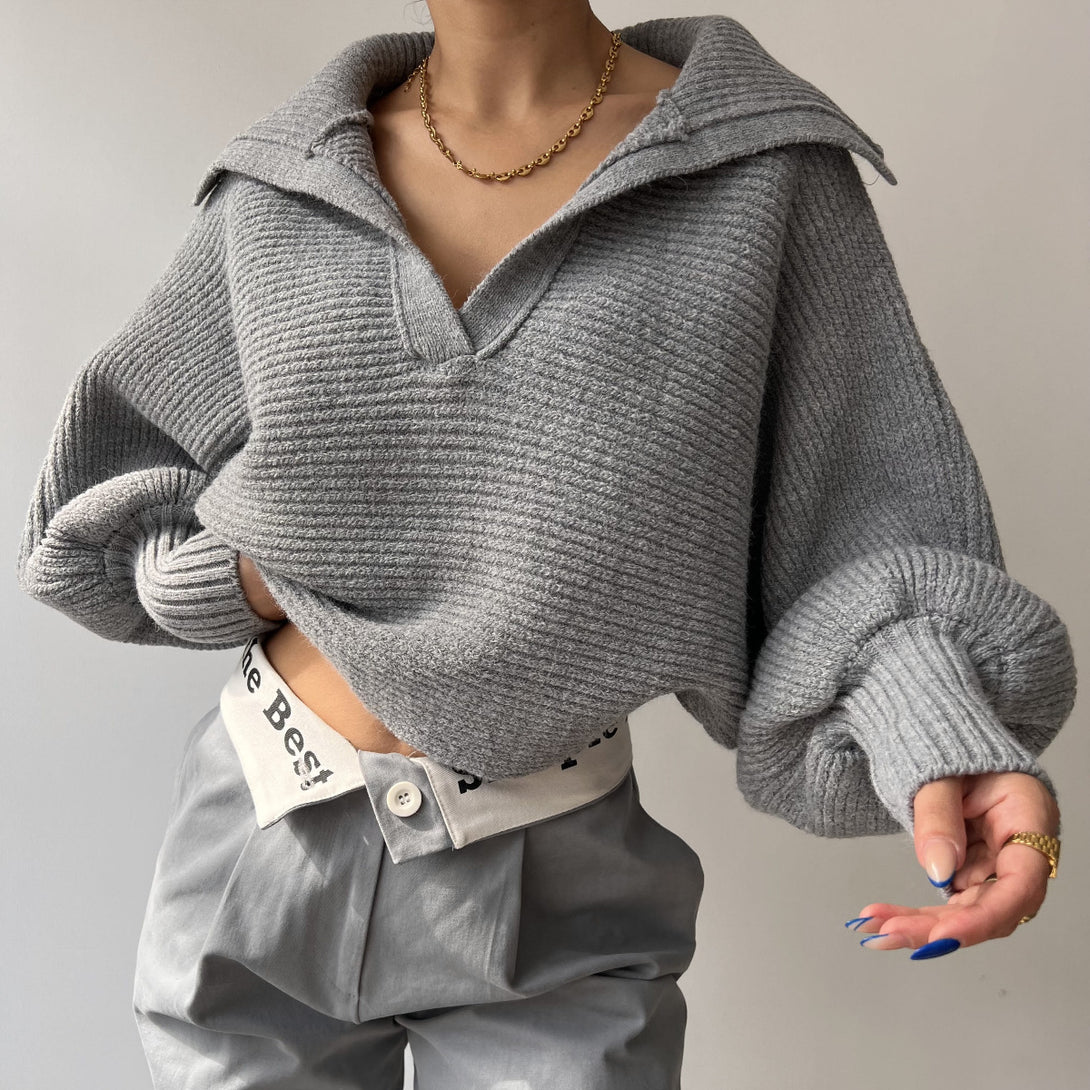 Women Tops V Neck Long Sleeve Winter Sweater Gray