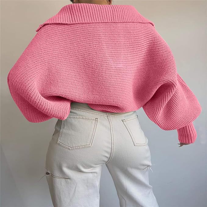 Women Tops V Neck Long Sleeve Winter Sweater Pink