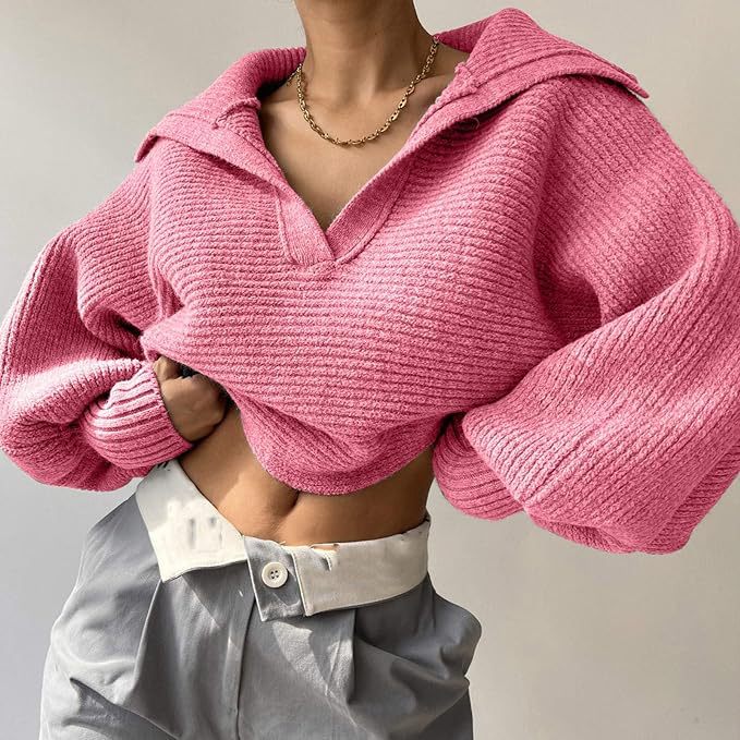 Women Tops V Neck Long Sleeve Winter Sweater Pink