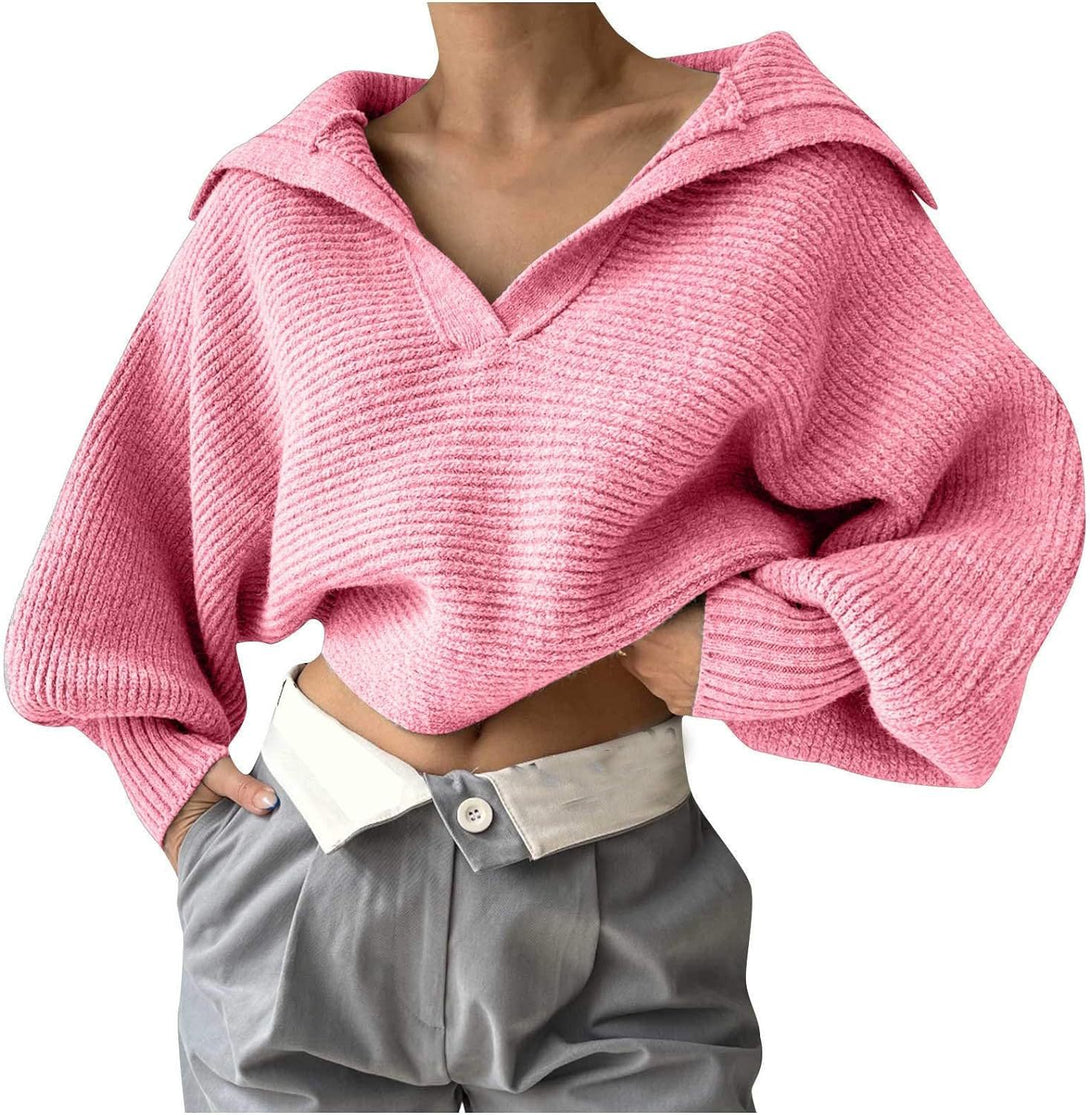 Women Tops V Neck Long Sleeve Winter Sweater Pink