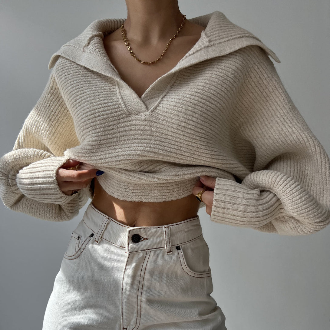 Women Tops V Neck Long Sleeve Winter Sweater Apricot