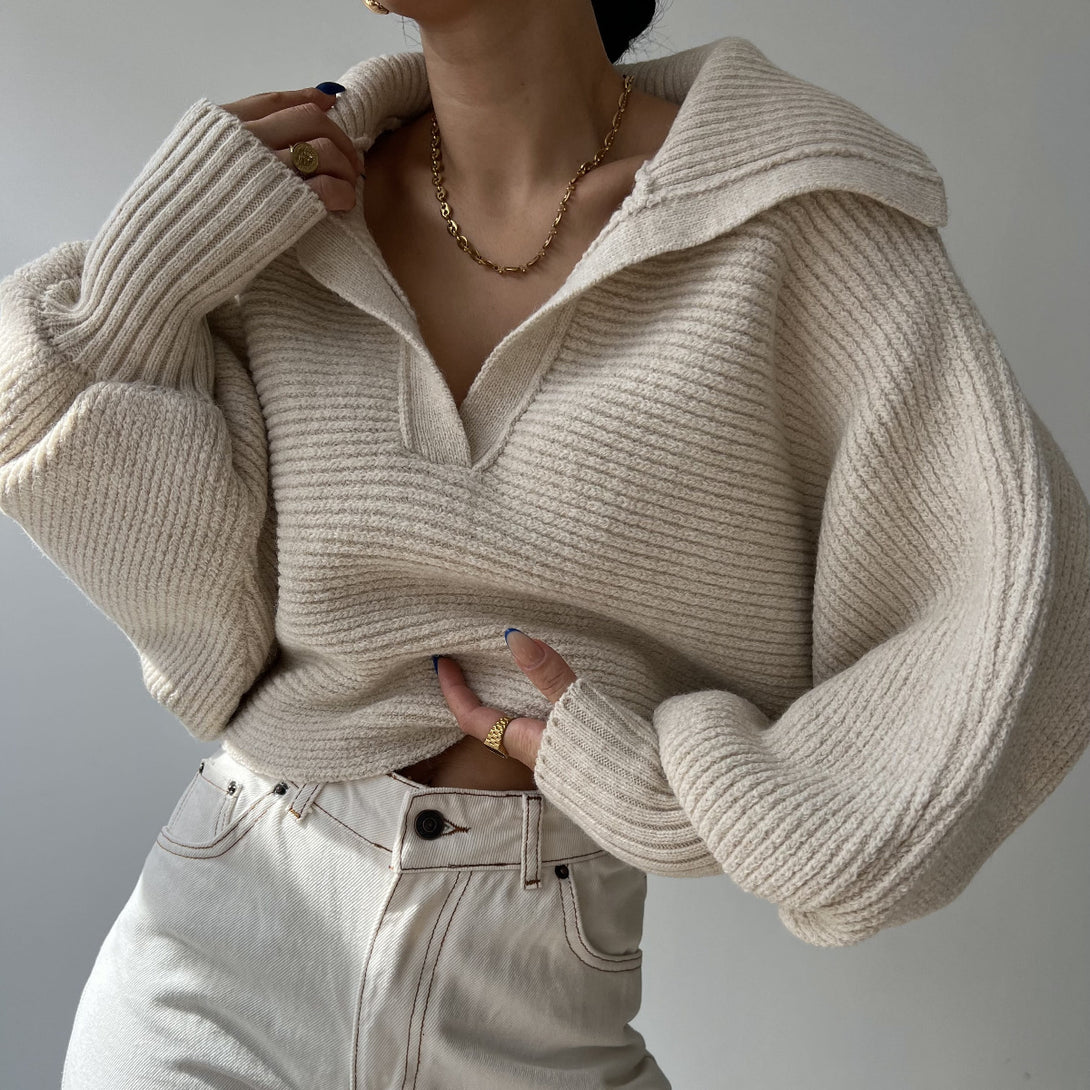 Women Tops V Neck Long Sleeve Winter Sweater Apricot