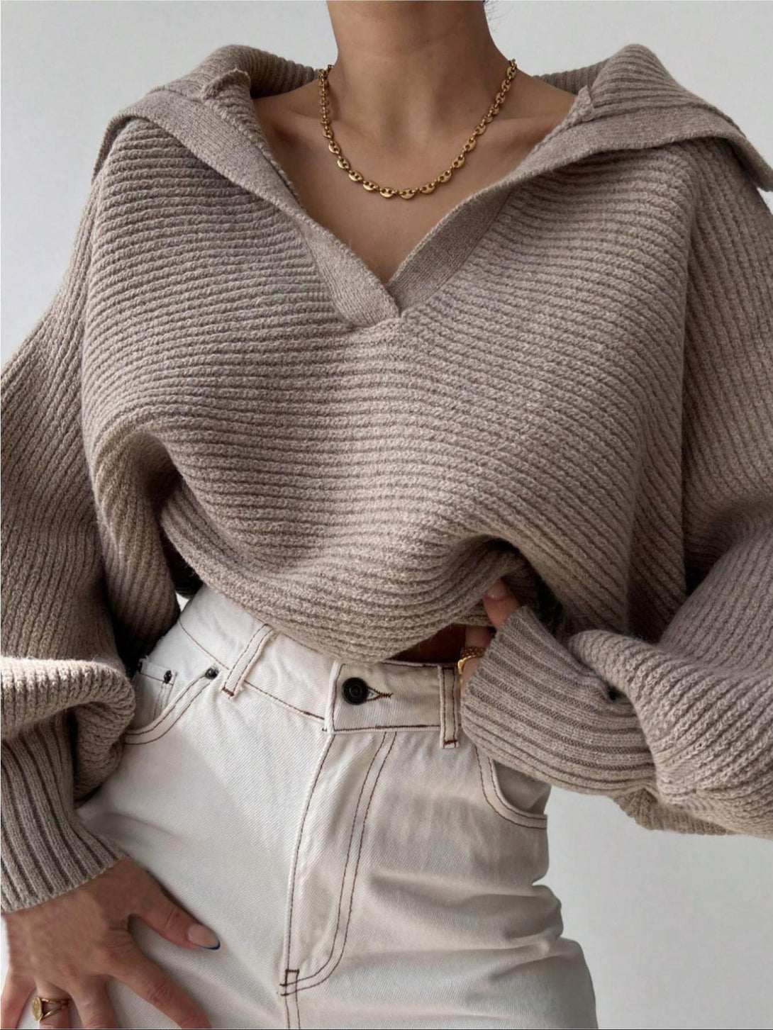 Women Tops V Neck Long Sleeve Winter Sweater  Khaki