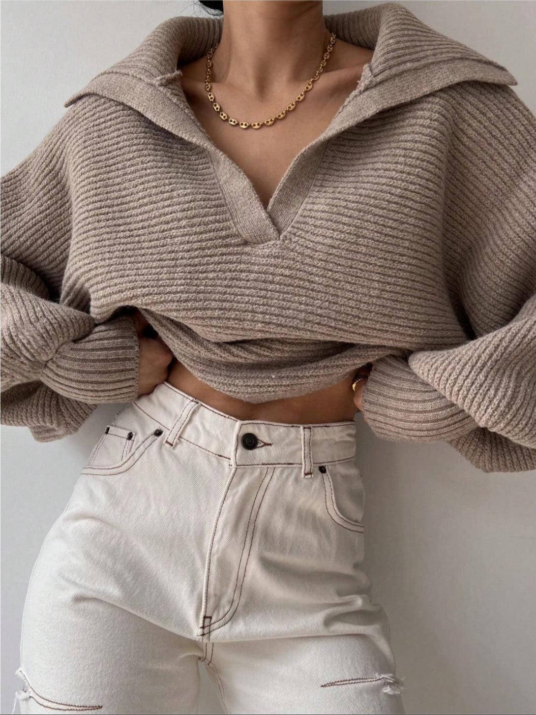 Women Tops V Neck Long Sleeve Winter Sweater  Khaki