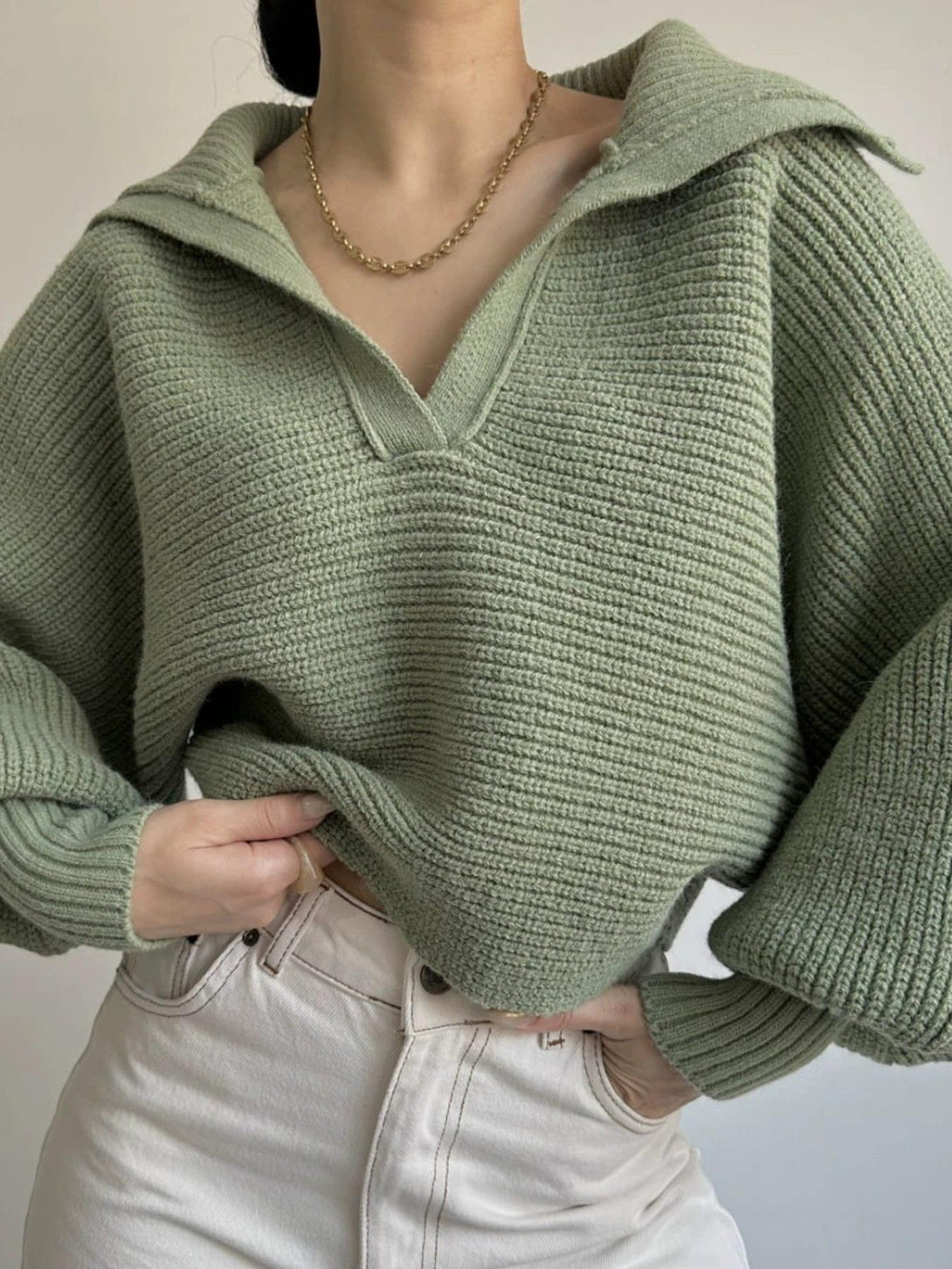 Women Tops V Neck Long Sleeve Winter Sweater  Green