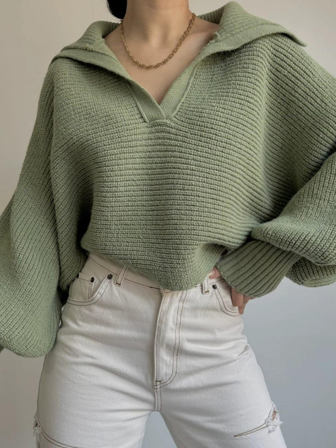 Women Tops V Neck Long Sleeve Winter Sweater  Green