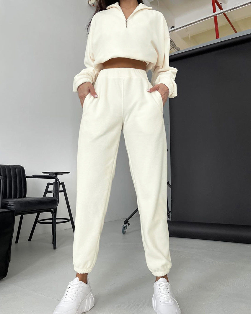 Long Sleeve Elasticized Waistband Sweatsuit Outfits White