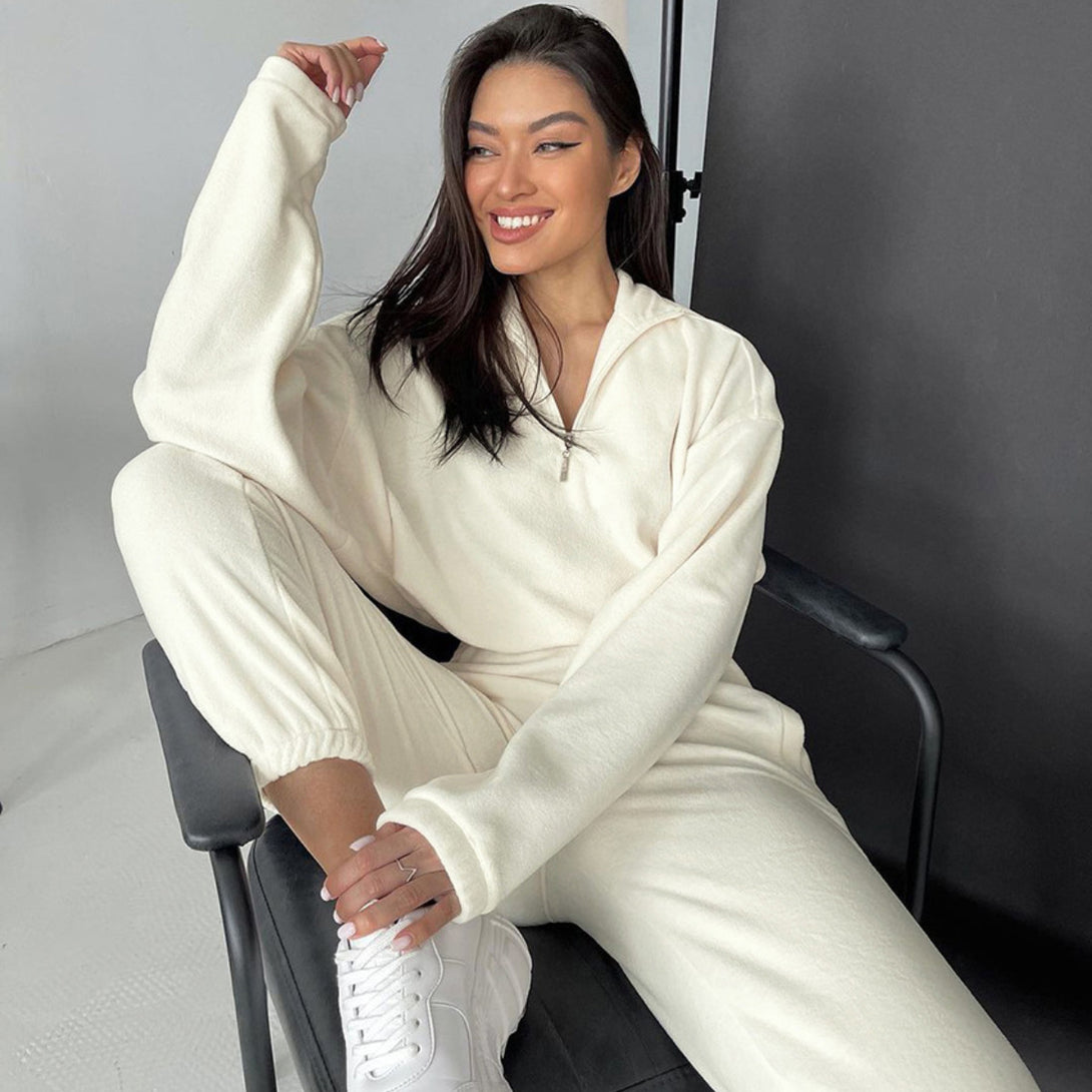 Long Sleeve Elasticized Waistband Sweatsuit Outfits White