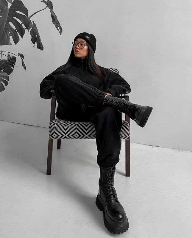 Half Zip Lounge Set Black Sweatsuit
