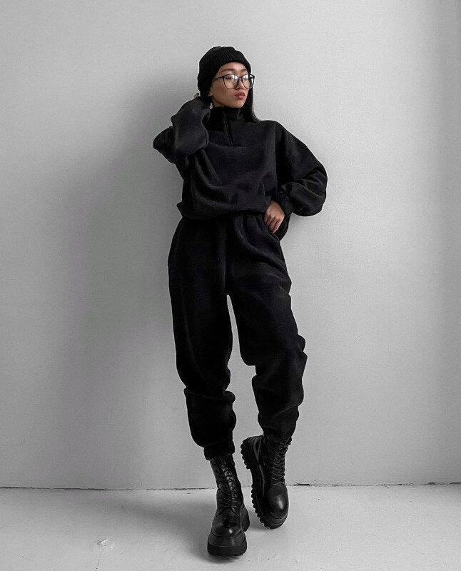 Half Zip Lounge Set Black Sweatsuit
